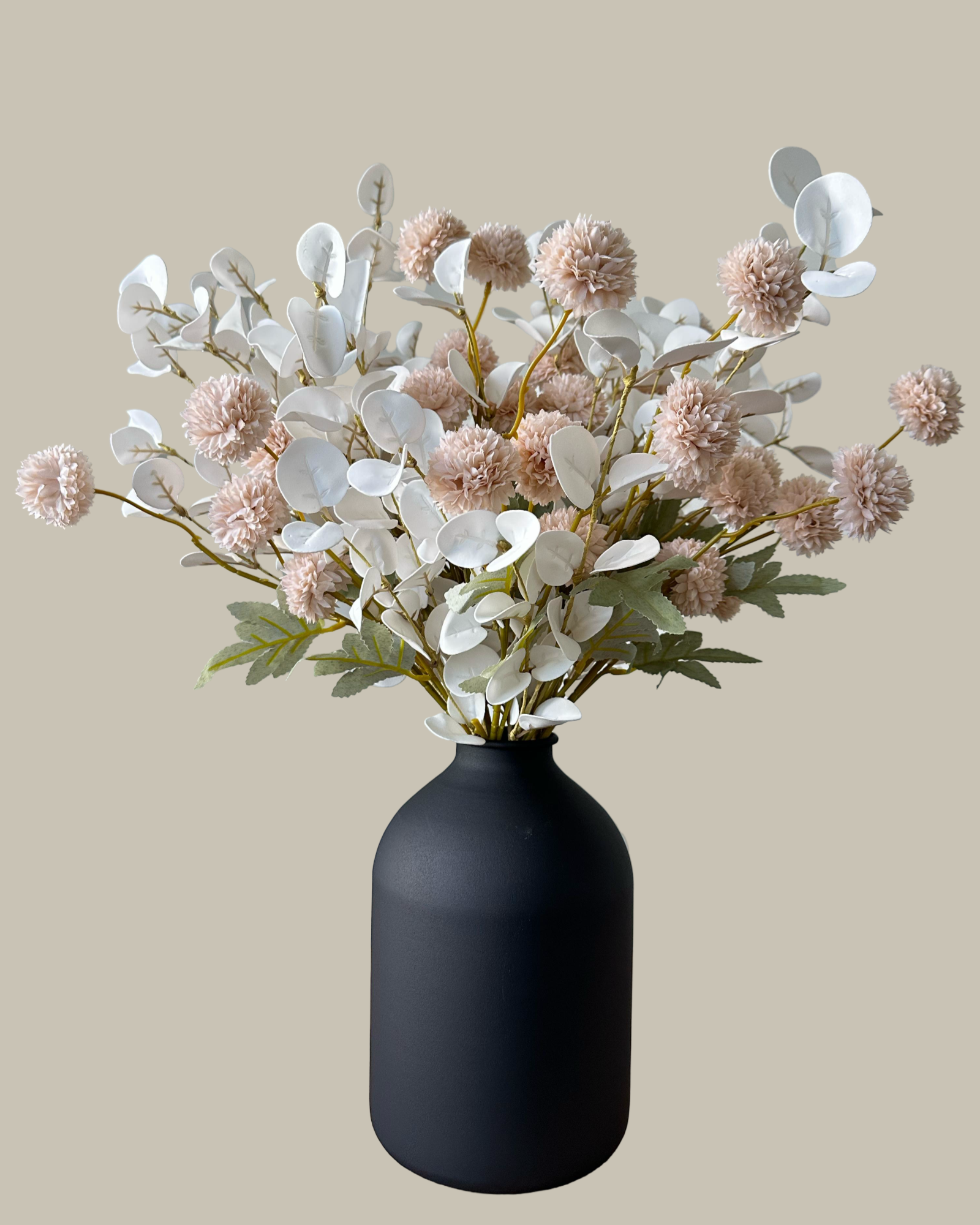 Faux Cream and White Flower Arrangement with Black Vase