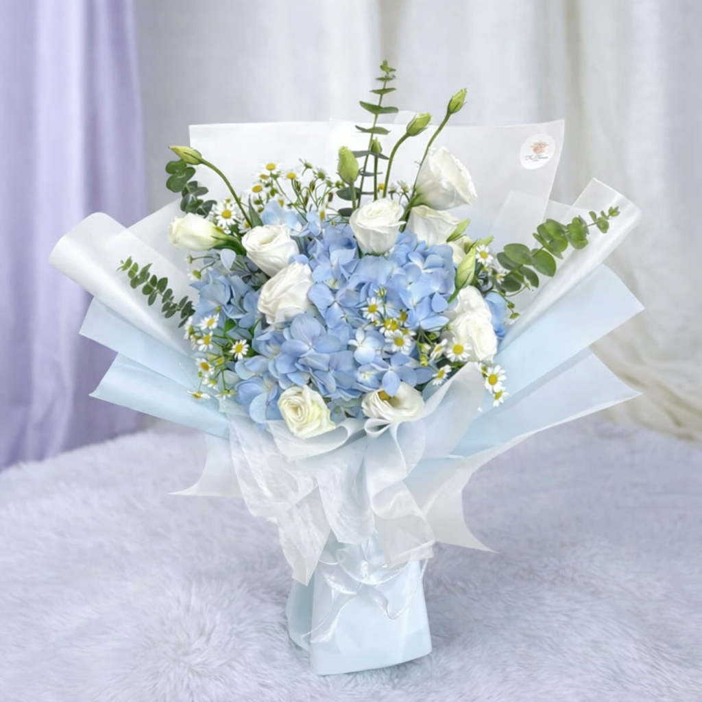 Blue Hydrangea Eustoma Daisy Bouquet