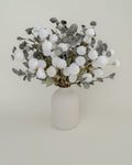 Faux White and Green Flower Arrangement with White Vase