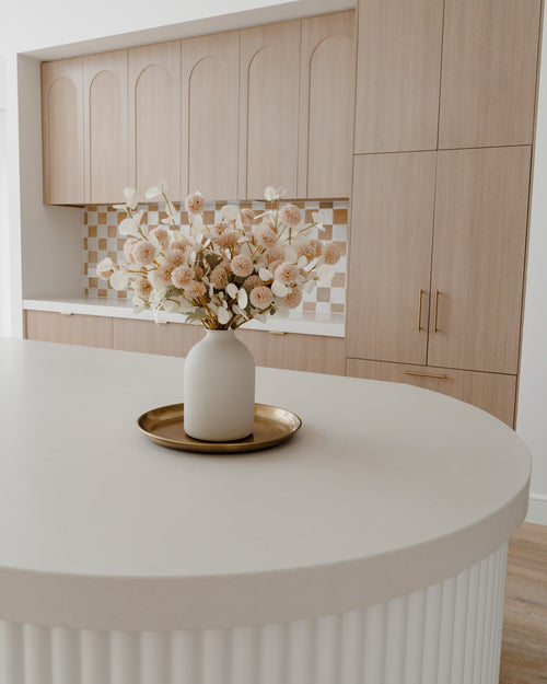 Faux Cream and White Flower Arrangement with White Vase