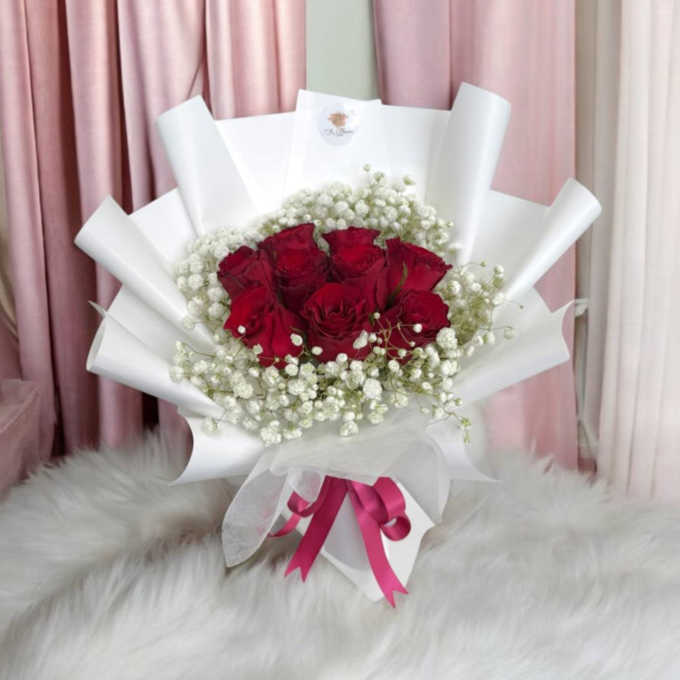 Fresh Red Roses with Baby Breath Bouquet