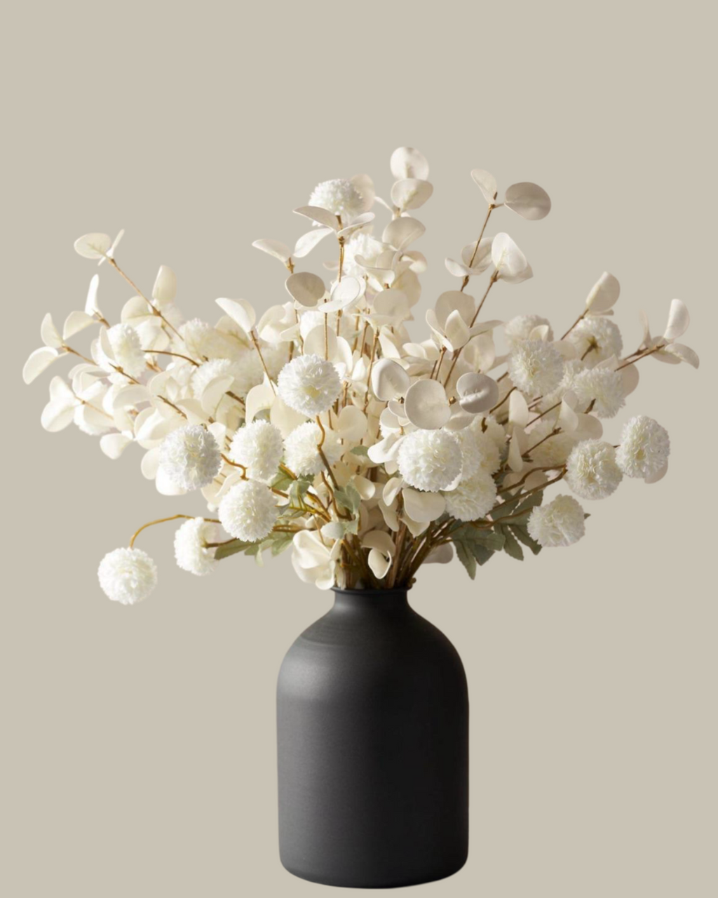 Faux White and White Flower Arrangement with Black Vase