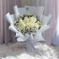 9 Fresh White Roses with Baby Breath Bouquet