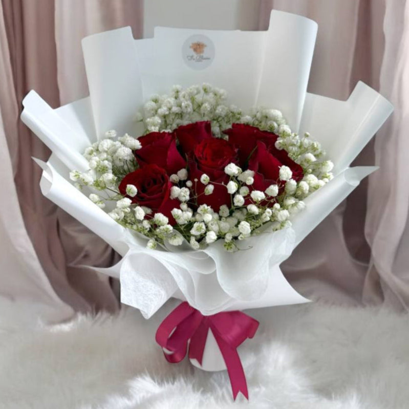 Fresh Red Roses with Baby Breath Bouquet*