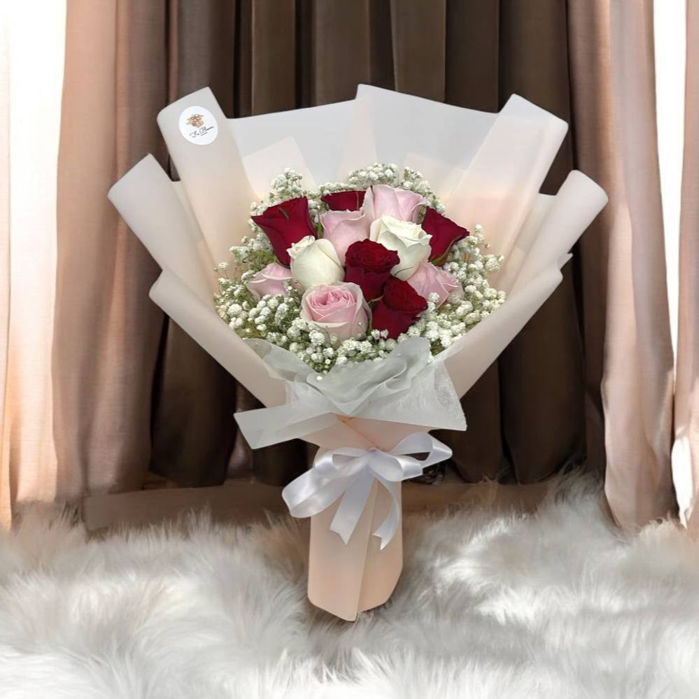 12 Fresh Mix Red, Pink & White Roses with Baby Breath Bouquet